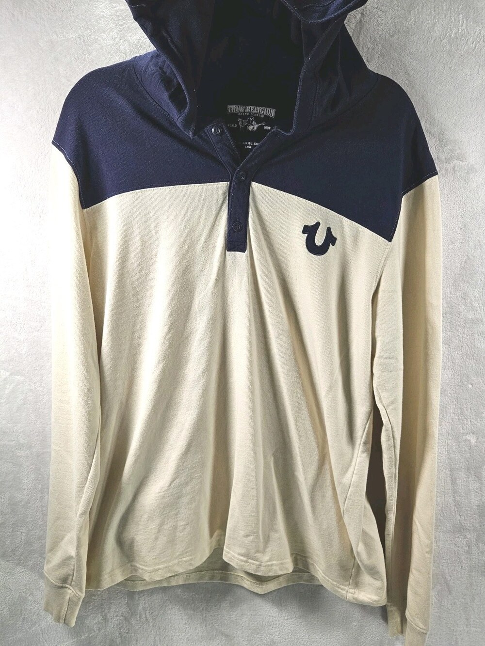 True Religion Hooded T-shirt Mens Large *Fits Medium Navy Cream Long Sleeve